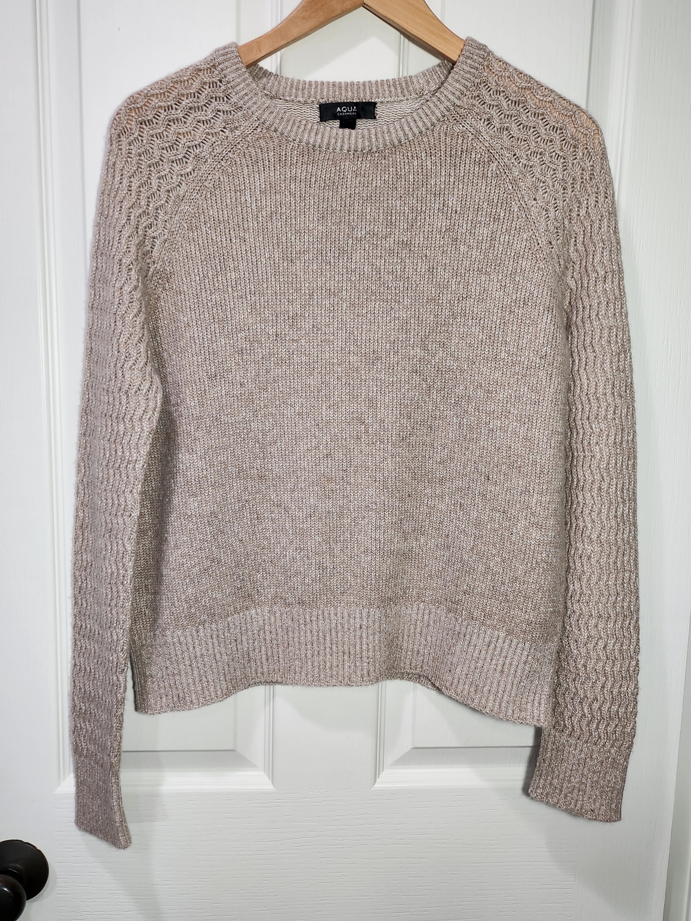 Aqua Cashmere Tan Beige 100% Cashmere Crewneck Sweater SZ S Pointelle Knit Slee